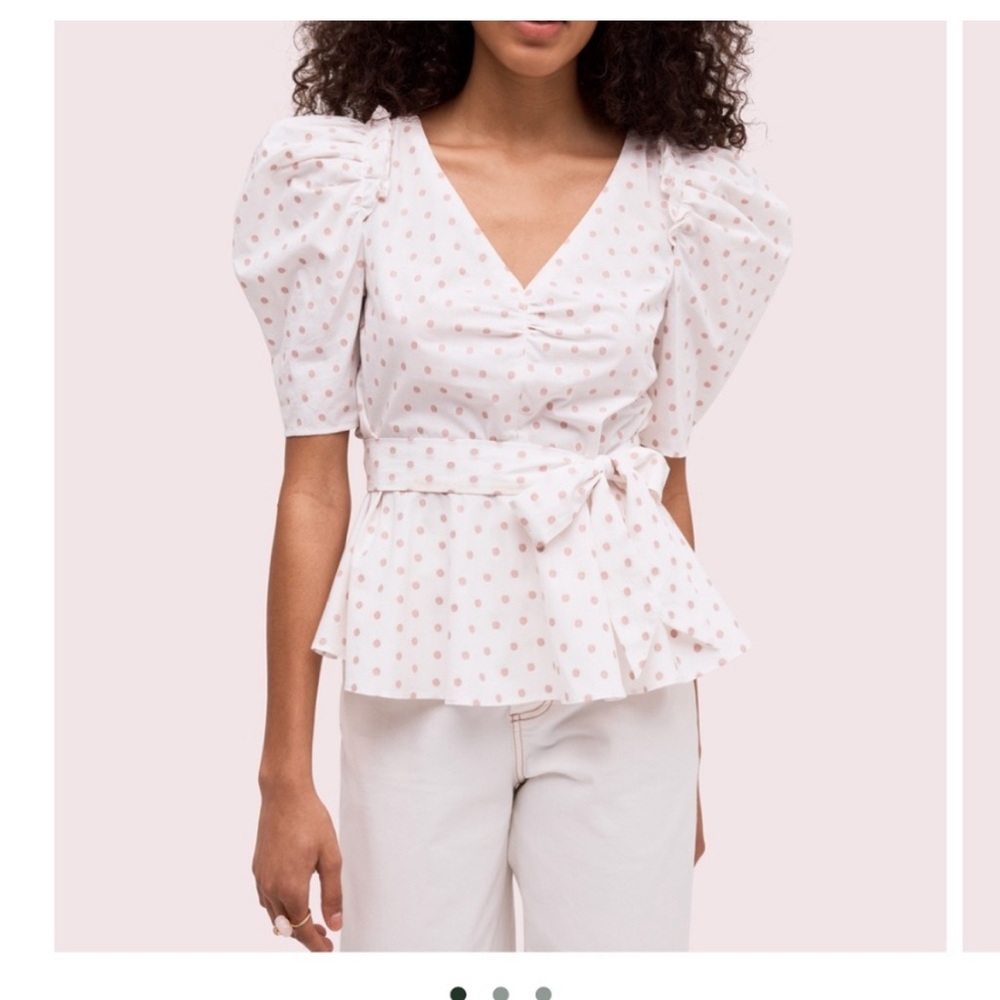 KATE SPADE Dotted Peplum Blouse, White, Size 6 (Medium)